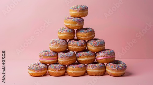 Group of donuts stacked on top of each other on pink background