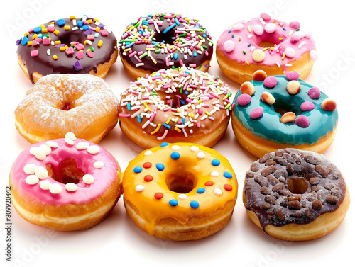 A row of colorful donuts with sprinkles and other toppings