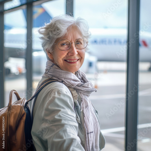 Elderly woman at the airport. Independent solo travel and active life concept