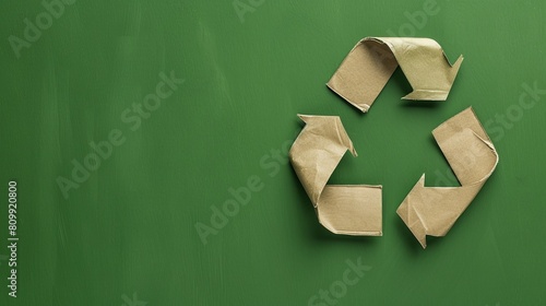 A brown paper recycling symbol on a green background. photo