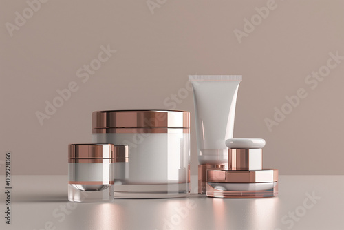 Editorial Mockup for advertising beauty care, composition of boxes and cosmetic bottles. Cosmetics concept, 3D render photo