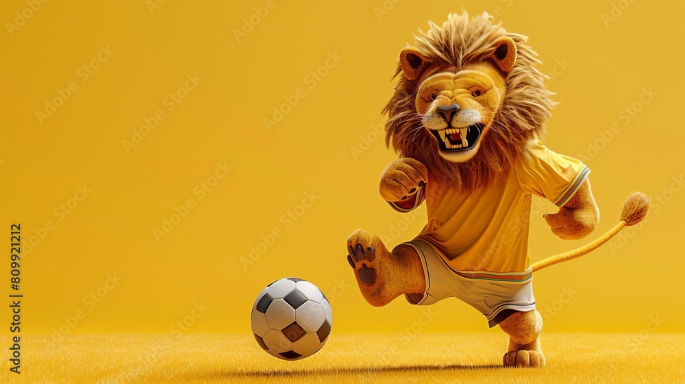 A cartoon lion wearing a yellow jersey and white shorts is playing ...