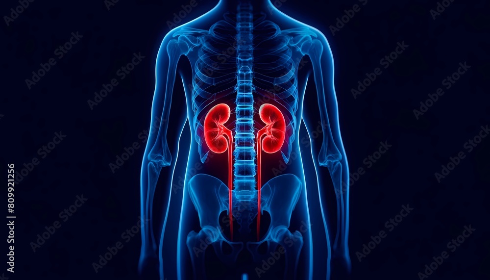 X-ray of the human renal system with emphasis on kidney health, Concept of nephrology and urinary tract health X-ray of the human renal system with emphasis on kidney health, Concept of nephrology and urinary tract health