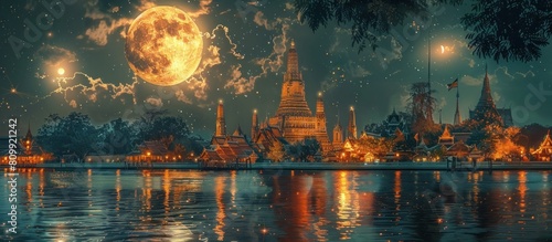 Riverside Reverence Illuminating the Majesty of Wat Chaiwatthanaram Under the Mystical Glow of photo
