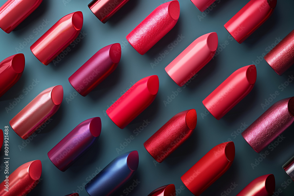 Lipstick and make-up pattern. Cosmetics concept, 3D render