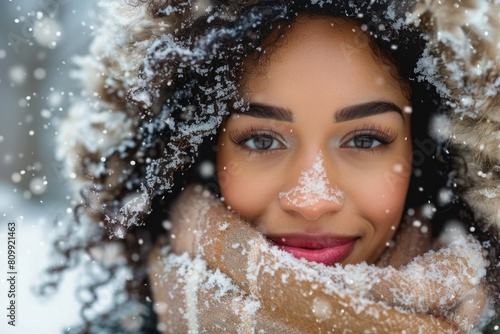 Beautiful Woman In Winter. Young Multicultural Lady Having Fun in Snow