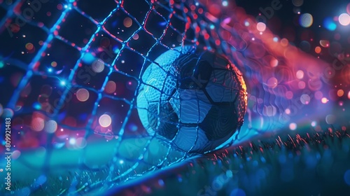 A dramatic night soccer match. The ball is in the net. The crowd is cheering. photo