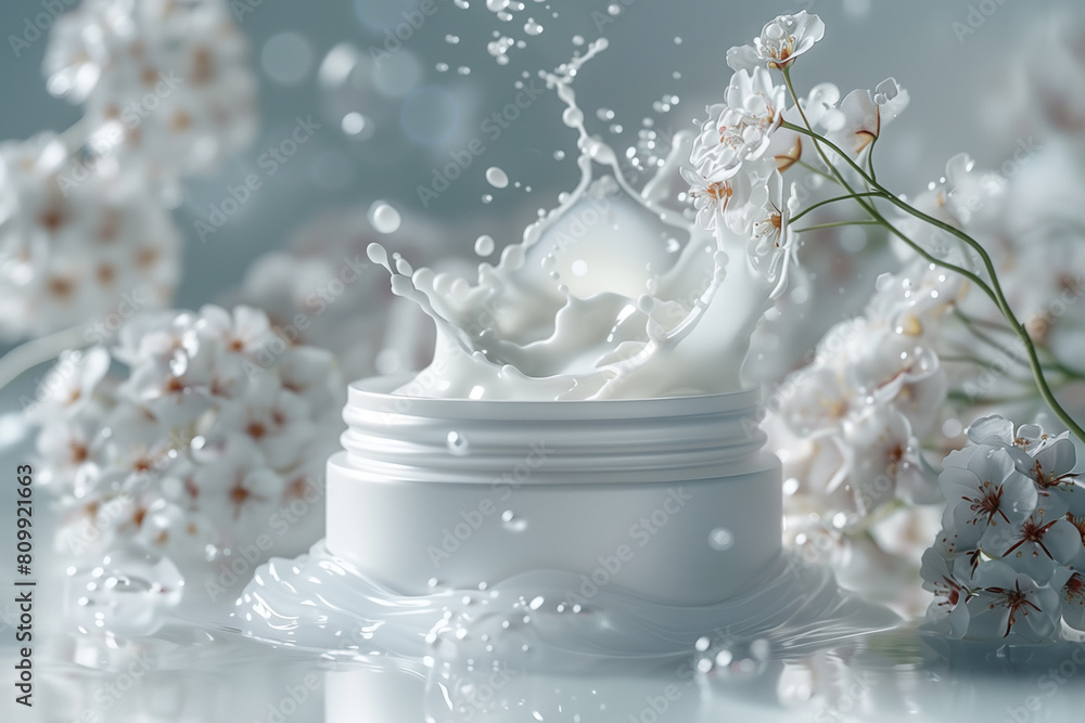 Fototapeta premium Levitation moisturizing cream in bottle on white background, 3D render. Creative illustration with splashes of cream, mock up