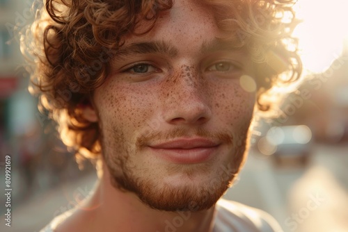 Natural Man. Outdoor Closeup Portrait of a Smiling Young Male with Curly Hair on City Street at Sunset