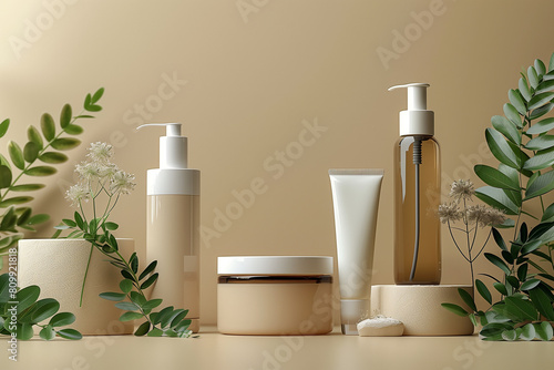 Editorial Mockup for advertising beauty care, composition of boxes and cosmetic bottles. Cosmetics concept, 3D render © Anna