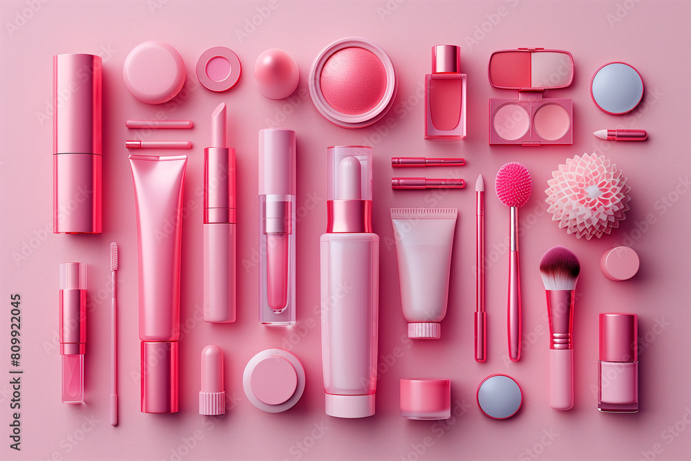 Editorial Mockup for advertising beauty care, composition of boxes and cosmetic bottles, pink and red colors. Cosmetics concept, 3D render, top view Editorial Mockup for advertising beauty care, composition of boxes and cosmetic bottles, pink and red colors. Cosmetics concept, 3D render, top view