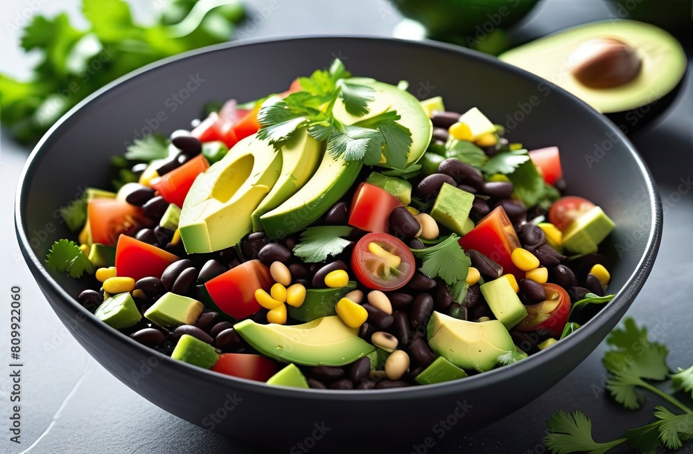 a salad with black beans , avocado , tomatoes , corn and cilantro in a black bowl