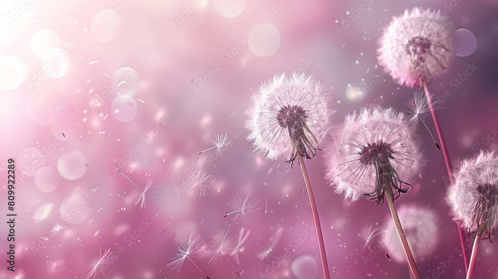 Dreamy scene of dandelion seeds blowing in the wind with a soft pink background and glowing lights Dreamy scene of dandelion seeds blowing in the wind with a soft pink background and glowing lights