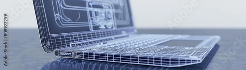 3D wireframe of a laptop  open to show the alignment of the keyboard  screen  and internal components