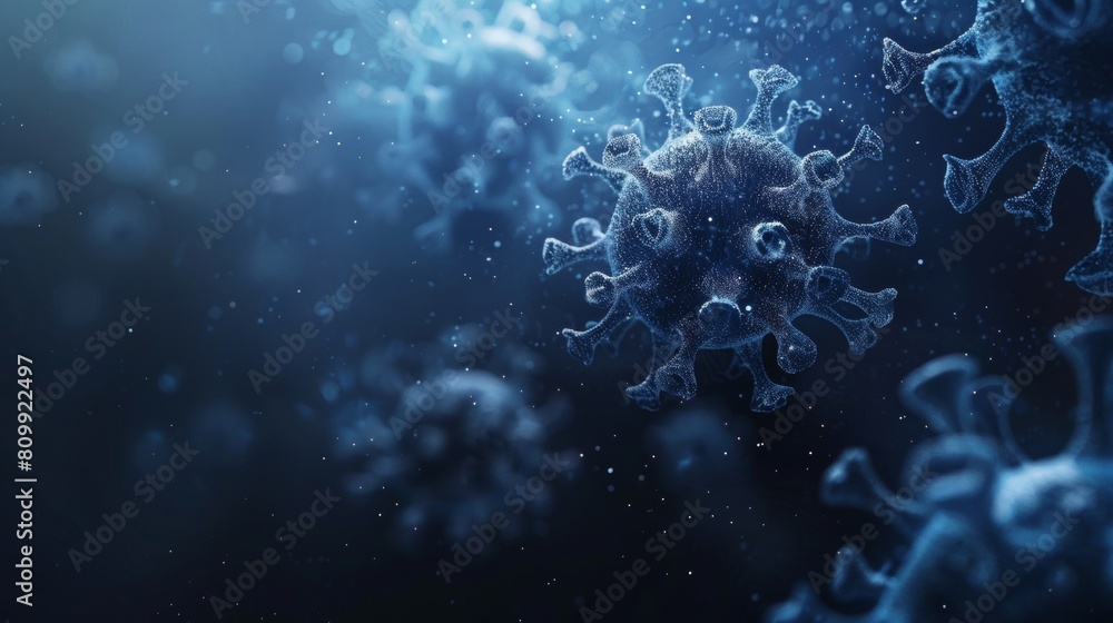 Microscopic view of virus particles in a dynamic environment highlighting the complexity of infectious agents Microscopic view of virus particles in a dynamic environment highlighting the complexity of infectious agents