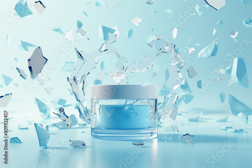 A cosmetic jar in the center with a blue background and broken glass pieces flying around, pastel colors. Minimalist style, 3d render