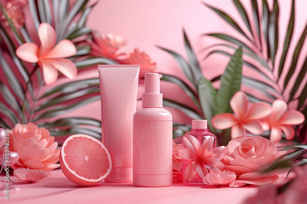 Editorial Mockup for advertising beauty care, composition of boxes and cosmetic bottles, pink, white and red colors. Cosmetics concept, 3D render Editorial Mockup for advertising beauty care, composition of boxes and cosmetic bottles, pink, white and red colors. Cosmetics concept, 3D render