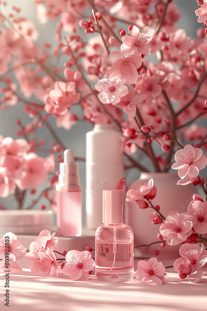 Editorial Mockup for advertising beauty care, composition of boxes and cosmetic bottles, pink, white and red colors. Cosmetics concept, 3D render Editorial Mockup for advertising beauty care, composition of boxes and cosmetic bottles, pink, white and red colors. Cosmetics concept, 3D render