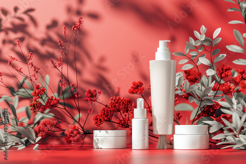 Editorial Mockup for advertising beauty care, composition of boxes and cosmetic bottles, pink, white and red colors. Cosmetics concept, 3D render photo