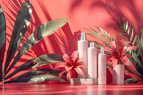 Editorial Mockup for advertising beauty care, composition of boxes and cosmetic bottles. Cosmetics concept, 3D render photo