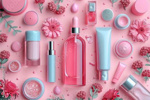 Editorial Mockup for advertising beauty care, composition of boxes and cosmetic bottles, pink, white and red colors. Cosmetics concept, 3D render, top view photo