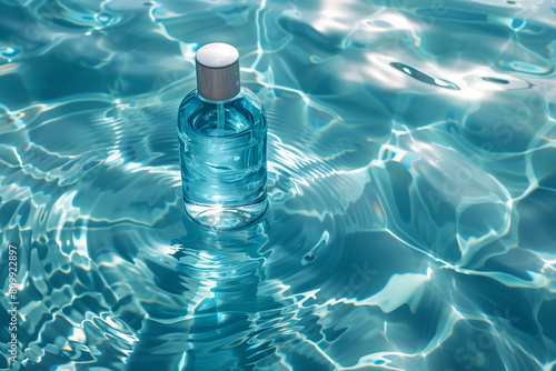 Bottle of cosmetic product near swimming pool, top view. Cosmetics concept, 3D render, empty mock up photo