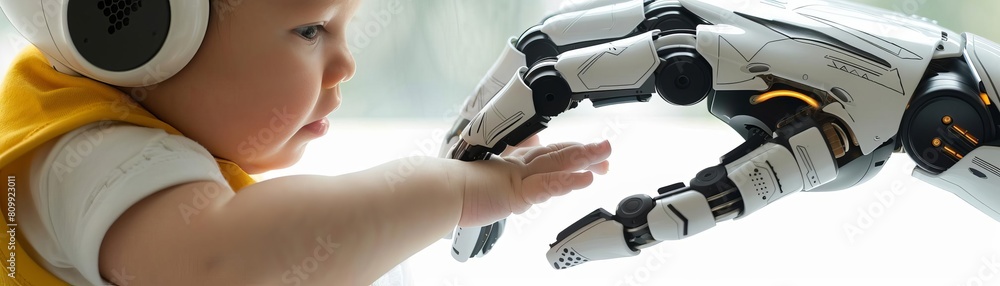 A mother s hand and a robotic hand holding a baby s hand, depicting the role of technology in family and nurturing environments A mother s hand and a robotic hand holding a baby s hand, depicting the role of technology in family and nurturing environments