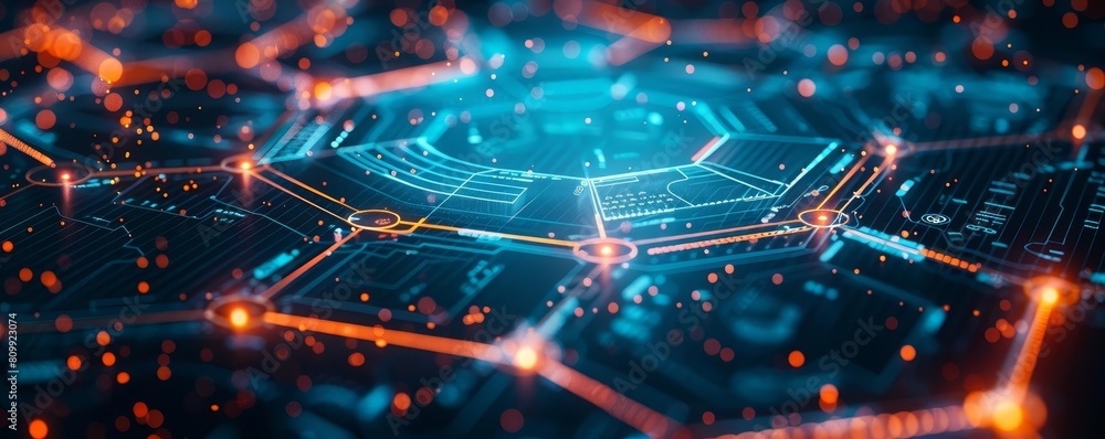 Futuristic printed circuit board with glowing orange and blue lights. Futuristic printed circuit board with glowing orange and blue lights.