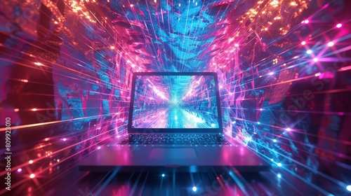 A mystical depiction of a laptop in a crystal cave, with network lines that refract into brilliant, colorful beams, creating a labyrinth of light