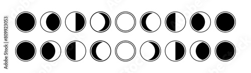 Moon phase. Full lunar cycle. Crescent sign, waxing and waning shape. Changes to the calendar. Symbols for design in astrology and space.