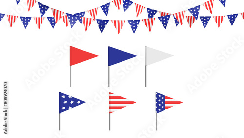 Happy Independence Day_American traingle party flags_USA realistic illustration_festive top decoration_ transparent background style B	 photo