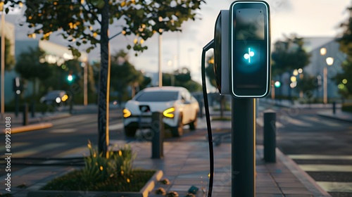 A traffic signal near an electric car charging station, showcasing modern urban mobility photo