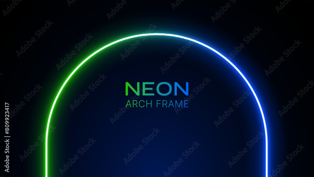 Neon light arch. Laser arc blue and green. Led circle shape on a black background. Beam with glow effect. Tunnel or portal template for design with text.