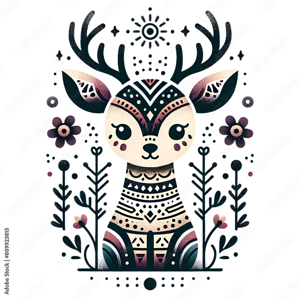 Illustration of a deer with intricate patterns ,bold lines , animal art.
