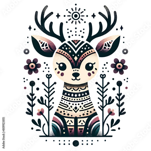 Illustration of a deer with intricate patterns  bold lines   animal art. 