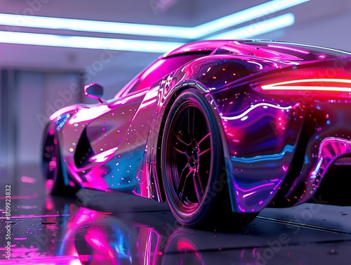 Photo of a cyberpunk car with a black background. The car is pink and purple and has a glossy finish. The car is also very sleek and futuristic.