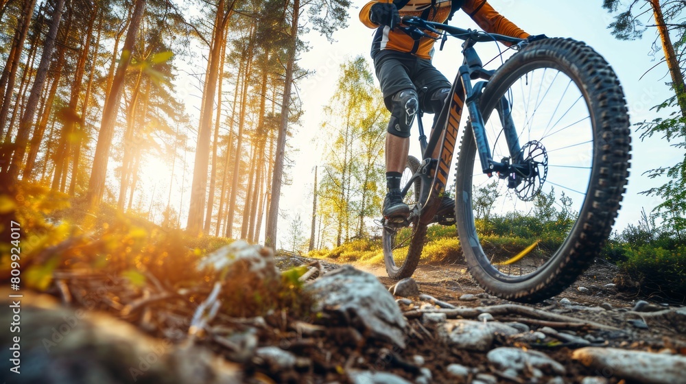 Mountain biking adventure through a forest trail on a sunlit morning captured in vibrant detail Mountain biking adventure through a forest trail on a sunlit morning captured in vibrant detail