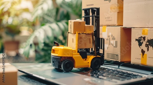 Logistics and supply chain concept depicted with a forklift moving a pallet of boxes on a laptop, representing the global spread of e-commerce photo