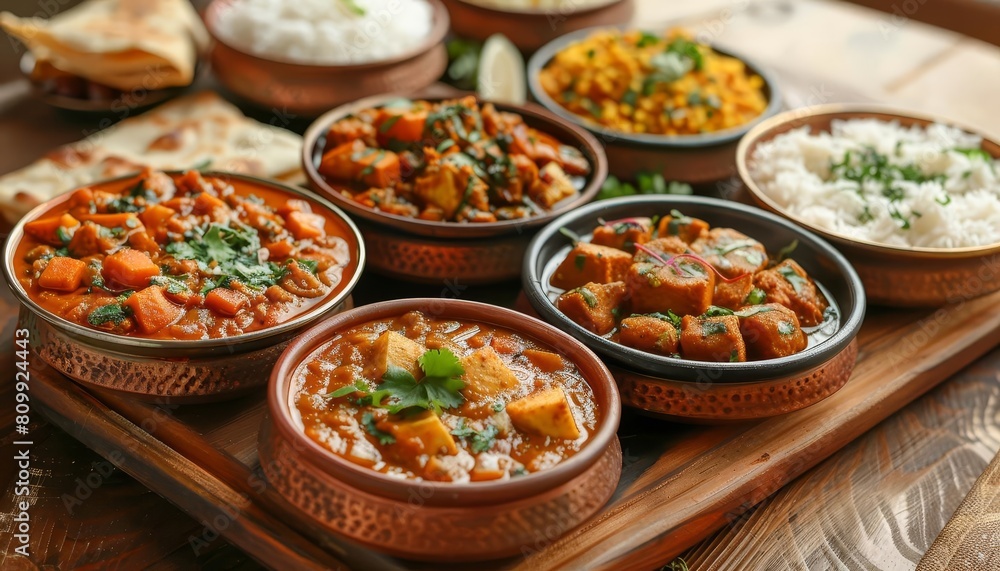 An assortment of Indian food dishes in copper bowls on a wooden tray. An assortment of Indian food dishes in copper bowls on a wooden tray.