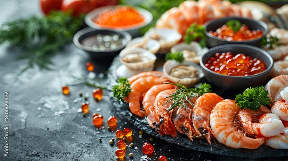 A delicious and healthy seafood platter with shrimp, oysters, and caviar. Perfect for a special occasion or a healthy dinner. A delicious and healthy seafood platter with shrimp, oysters, and caviar. Perfect for a special occasion or a healthy dinner.