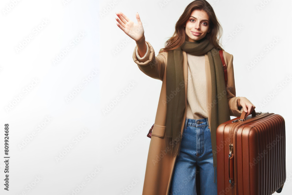 A woman carrying a suitcase, gestures a farewell isolated on white background A woman carrying a suitcase, gestures a farewell isolated on white background