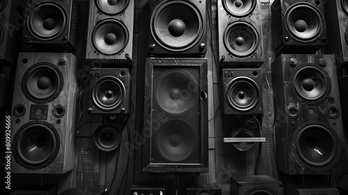 Monochrome vintage style speakers mounted on a wall