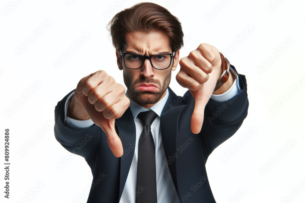 Businessman pointing thumbs down with an angry face isolated on white background Businessman pointing thumbs down with an angry face isolated on white background