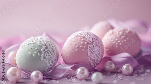 Elegant pastel Easter eggs decorated with lace and pearls  perfect for festive springtime celebrations