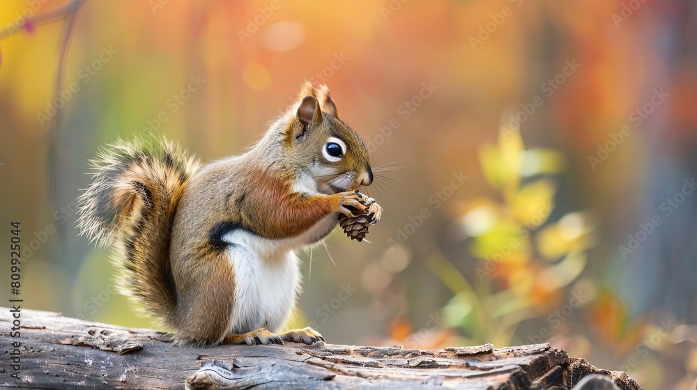 American Red Squirrel standing on log, profile view, eating a pine cone, looking inquisitive, alert and watchful. American Red Squirrel standing on log, profile view, eating a pine cone, looking inquisitive, alert and watchful.