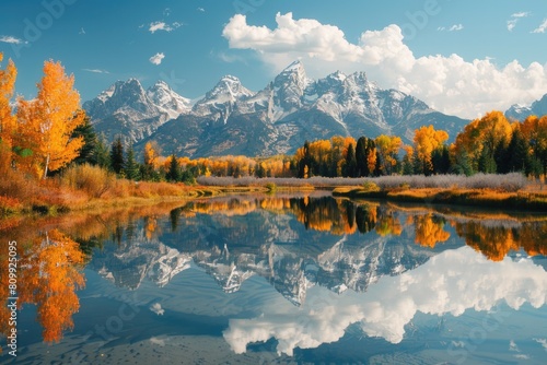 America Landscape: Panoramic View of Grand Tetons and Reflection on Lake photo