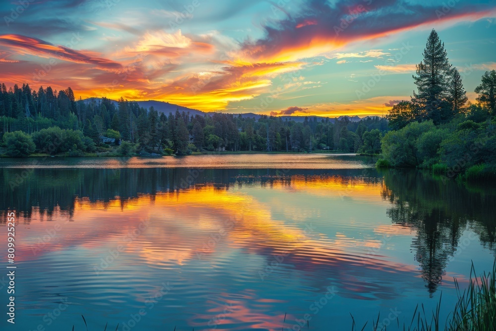 Beautiful sunset over tranquil lake, colorful reflections on water, summer paradise mockup