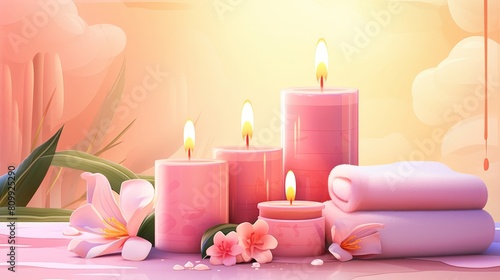 Illustrate a peaceful spa setting in a banner with glowing candles fluffy towels and bright flowers perfect for promoting gift certificates and loyalty programs.
