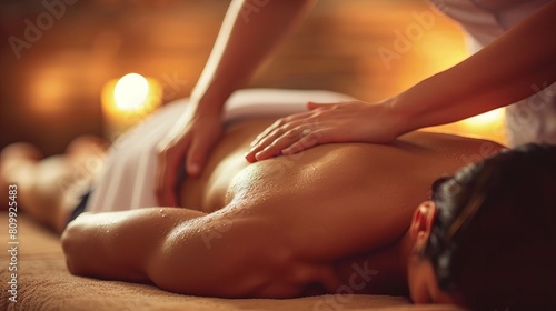 Bodywork  A woman receiving bodywork in a spa. A masseuse massaging his back