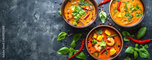 A variety of delicious Thai curries, including red, green, and yellow curries. The curries are served in bowls and are garnished with fresh herbs and vegetables.